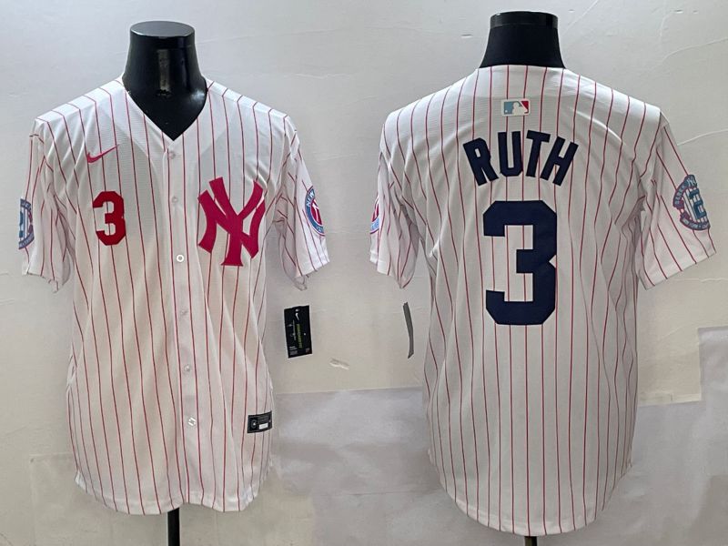 Men New York Yankees 3 Ruth White Stripe Jointly Name Nike 2025 MLB Jersey style 3
